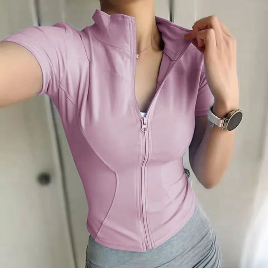 Women Sport T Shirts Slim Fit Quick-drying Full Zip Tops Outdoor Fitness Running Tights Short Sleeves Women&