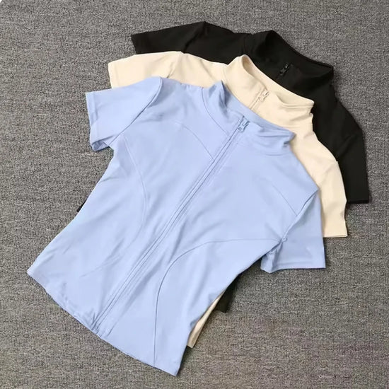 Women Sport T Shirts Slim Fit Quick-drying Full Zip Tops Outdoor Fitness Running Tights Short Sleeves Women&